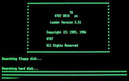 vintage at&t unix pc screen showcasing 1980s text-based computing interface and system boot processes.