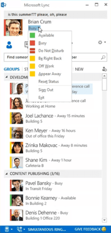 microsoft lync interface showing collaboration features with contacts, statuses, and schedules for enhanced communication.