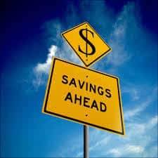 road sign promoting financial savings opportunities with a dollar symbol and clear messaging.