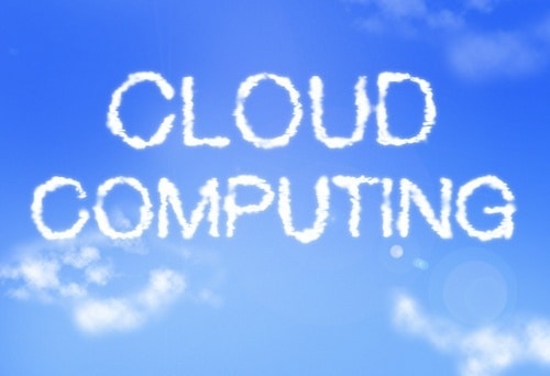 fluffy clouds form cloud computing in a peaceful blue sky, merging nature and technology.