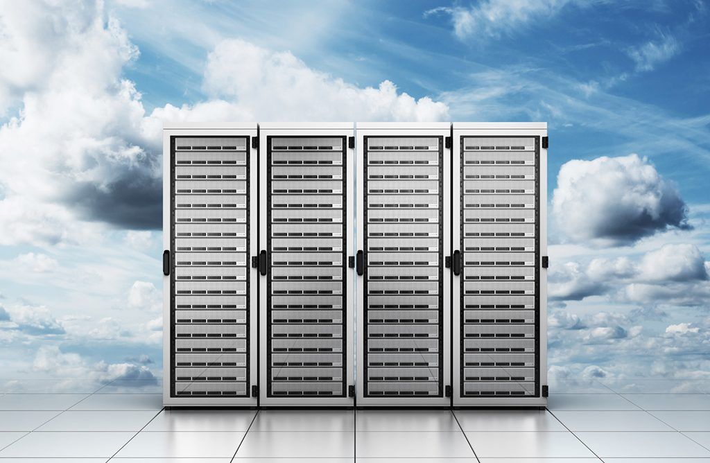 modern server racks under a bright sky symbolize the synergy of data storage and cloud computing.