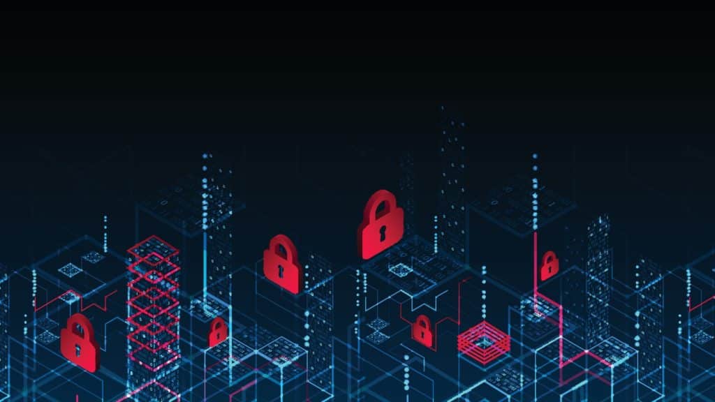 abstract digital landscape highlighting cybersecurity with vibrant colors and prominent lock symbols.