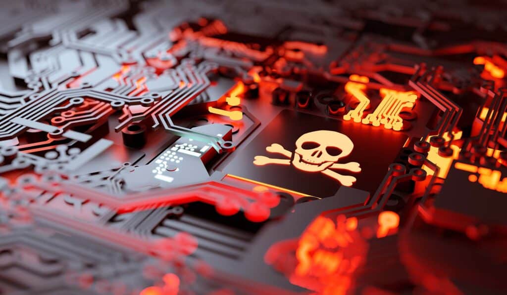 intricate circuit board featuring a glowing skull and crossbones, symbolizing technology and cyber threats.