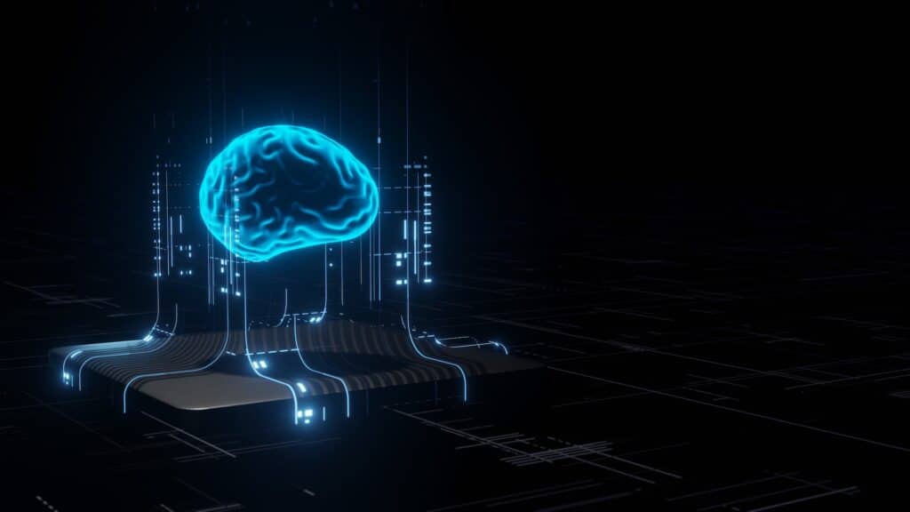 glowing blue brain circuit on microchip, symbolizing ais future in advanced technology and computing.