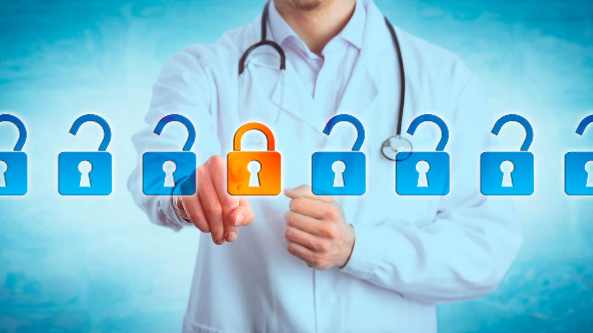 a doctor holding a padlock in front of a blue background
